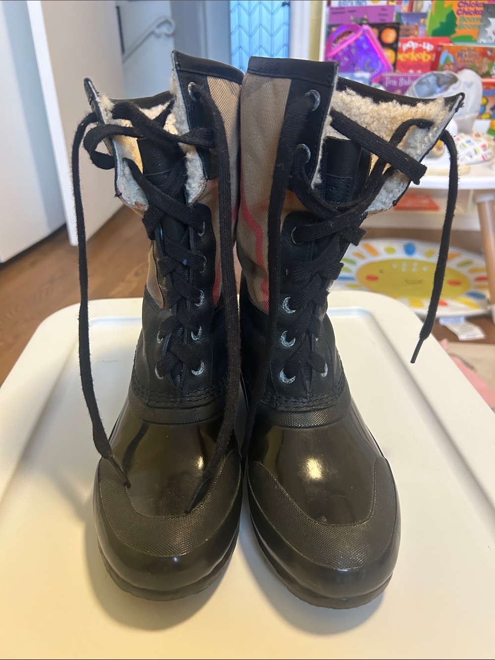 Burberry Black and Tan Lace-Up Women's Winter Rain Boots with Sherpa Lining
